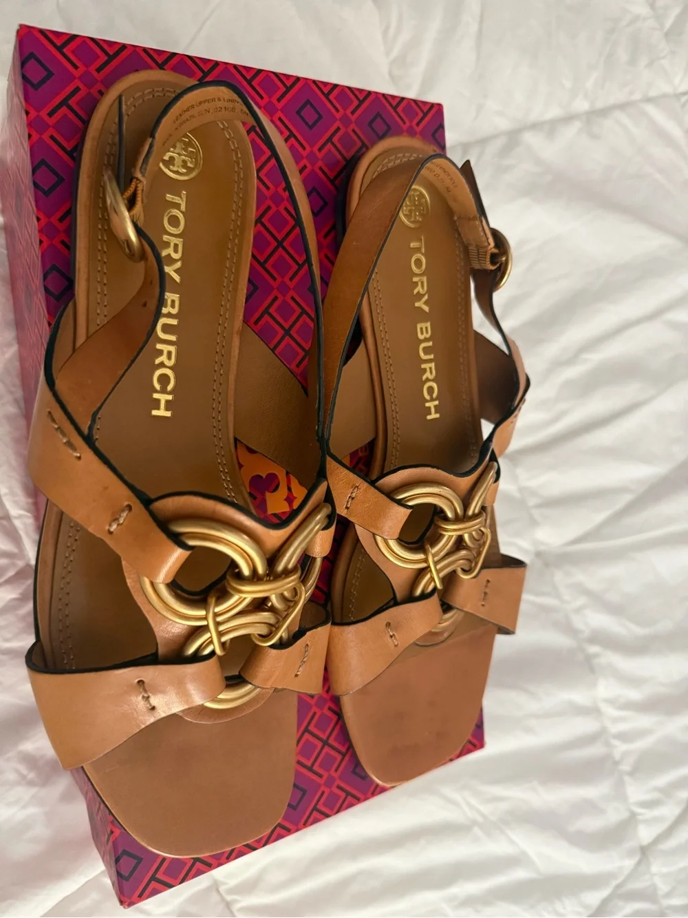 Tory Burch Tan Leather Slingback Sandals with Gold Rings